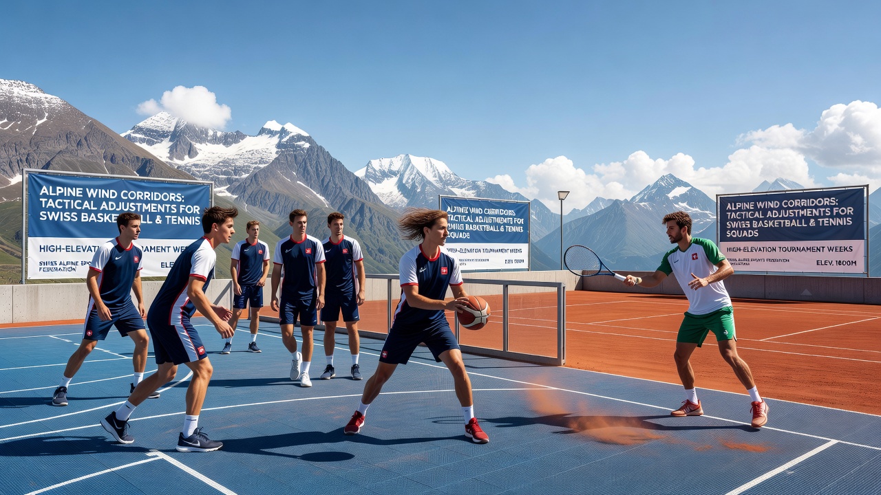 Swiss basketball players adjusting defensive stances amid alpine wind patterns during a high-elevation training session