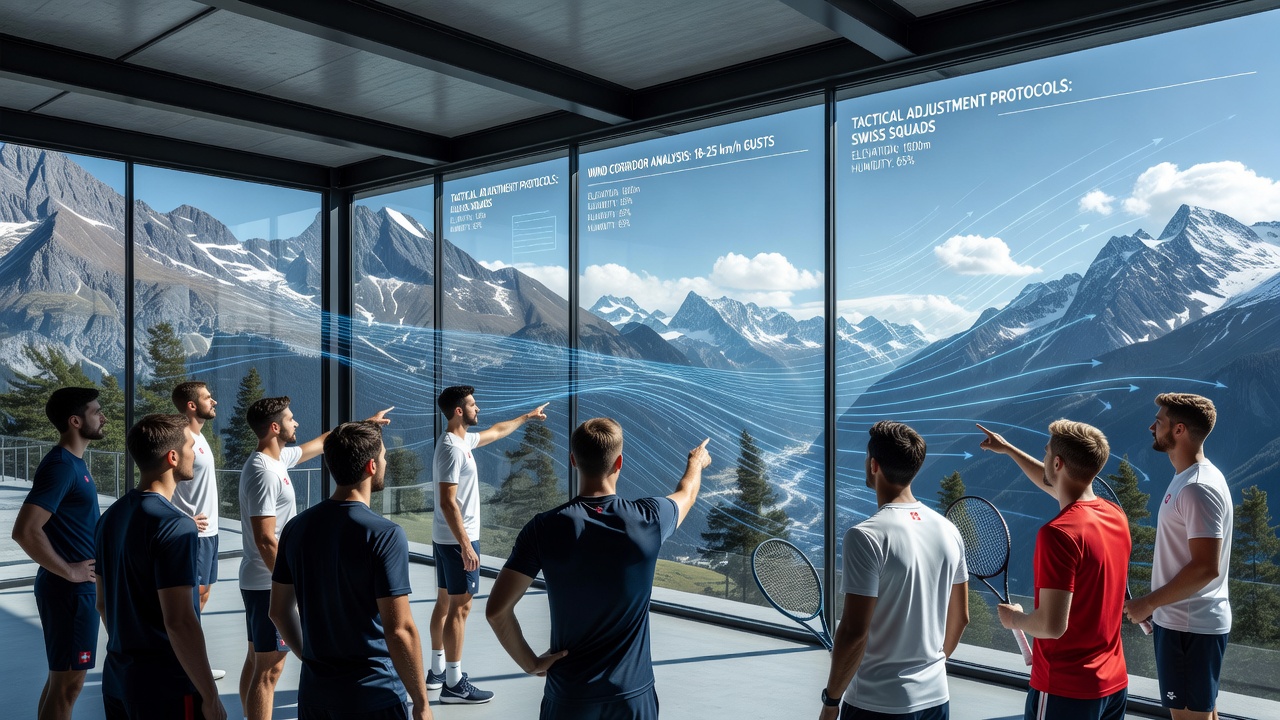 Tennis players adapting serve techniques to alpine wind conditions at a Swiss high-elevation tournament court