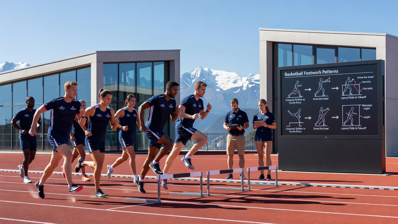 Athletes practicing basketball-inspired footwork drills during a Swiss hurdling training session