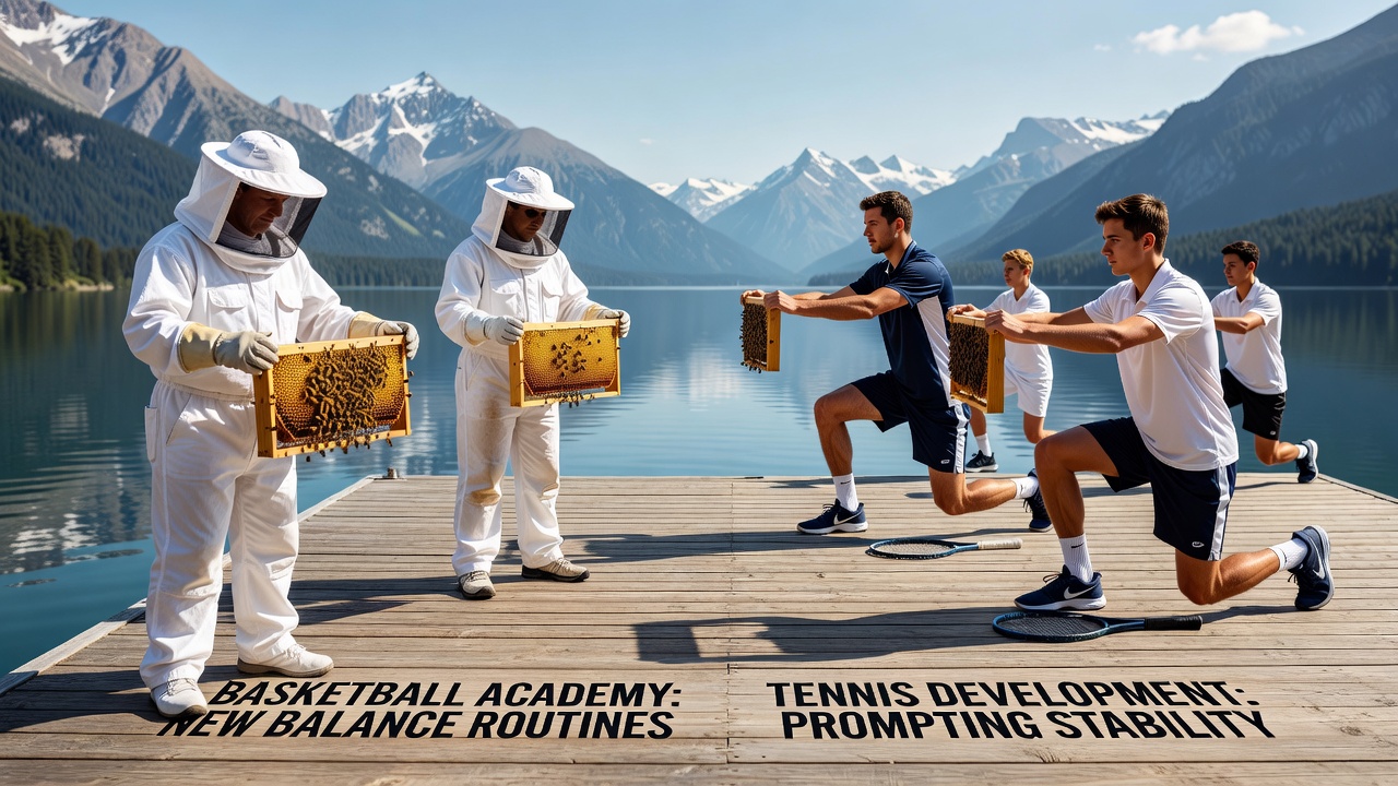 Beekeepers observing hives beside a Swiss mountain lake while athletes practice nearby balance exercises