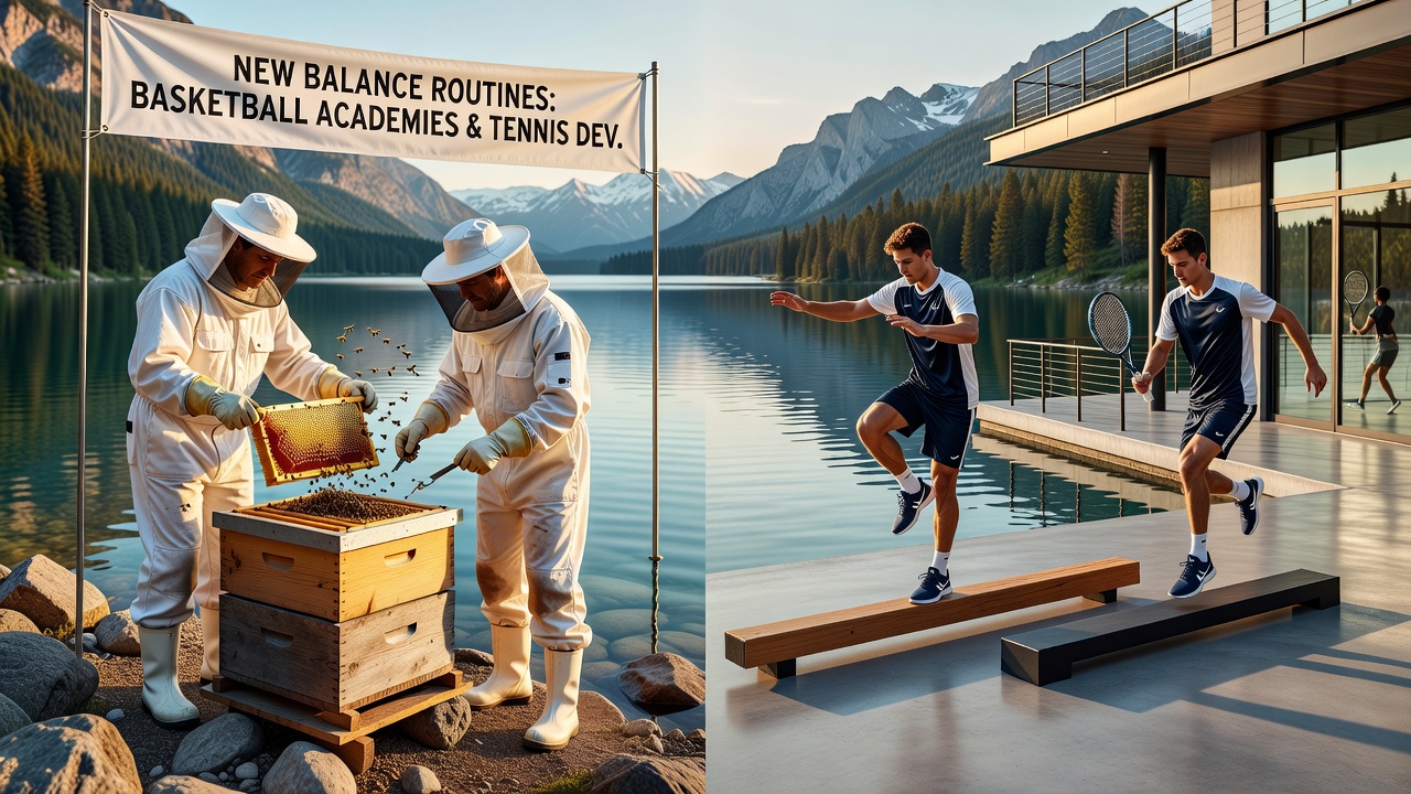 Tennis players performing balance drills on sloped surfaces near a mountain lake training facility