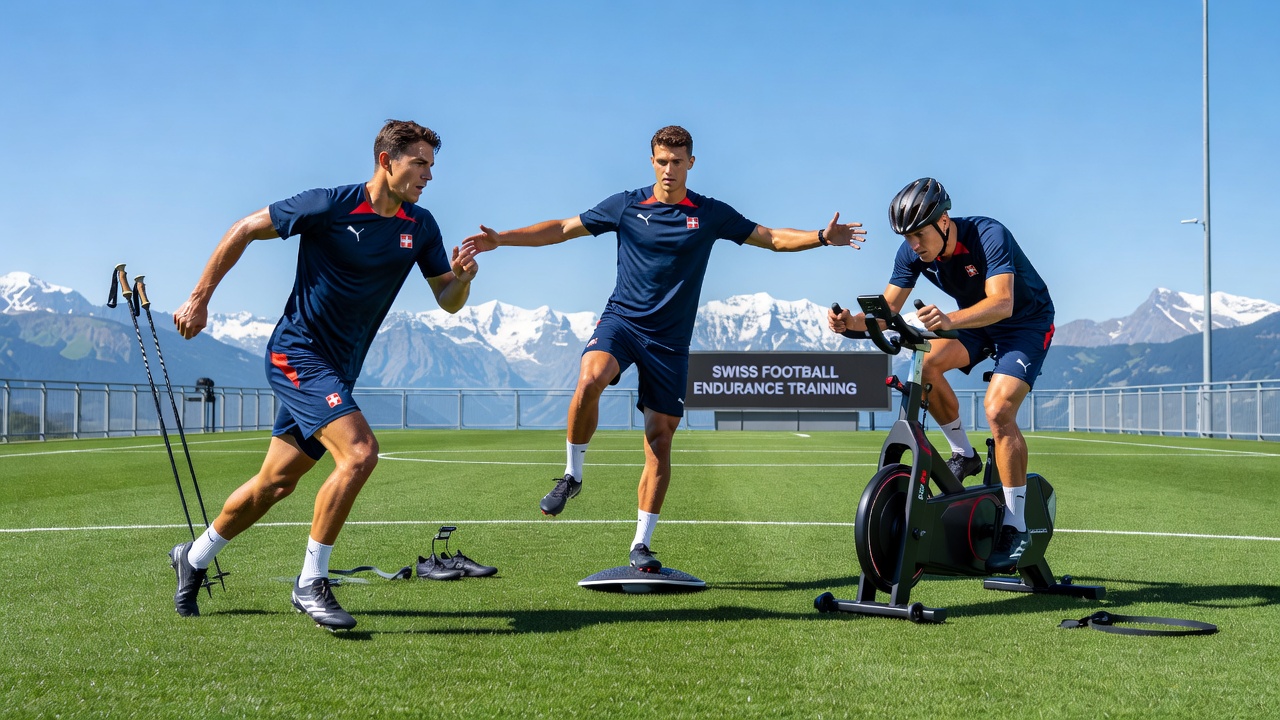 Swiss footballer training alongside a skier on an alpine trail to build crossover endurance