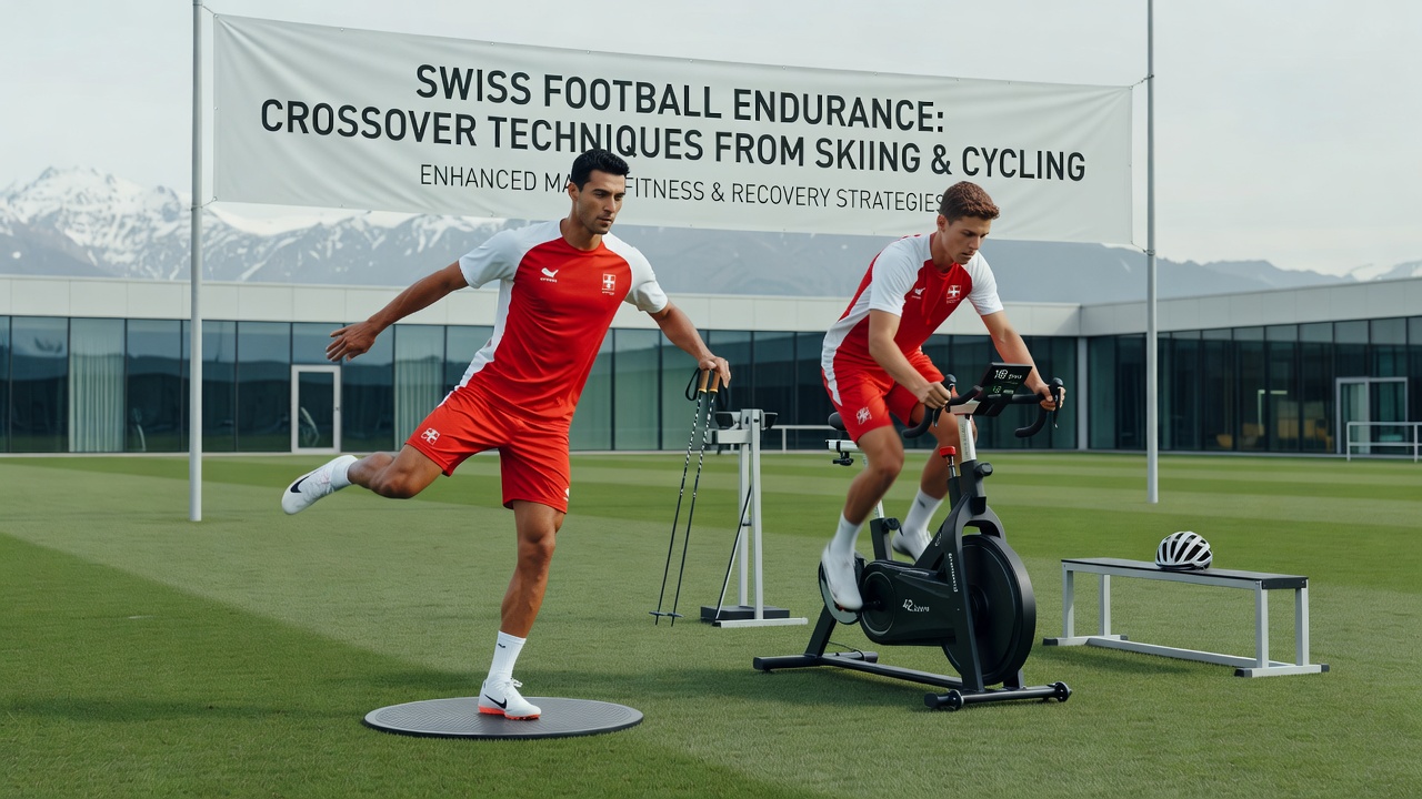 Group of Swiss footballers on road bikes during a mountain training session for endurance development