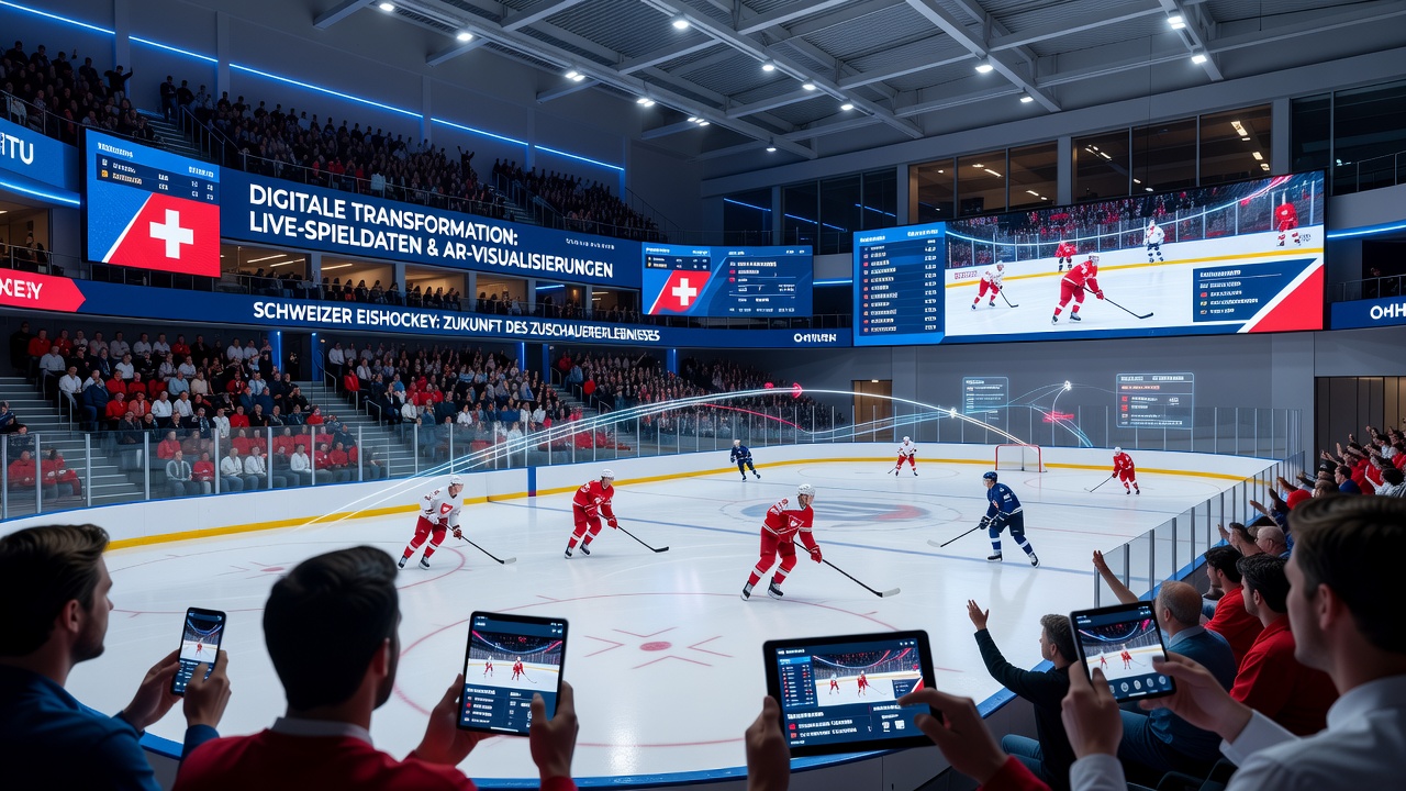 Fans using mobile apps inside a Swiss ice hockey arena with digital screens displaying live stats