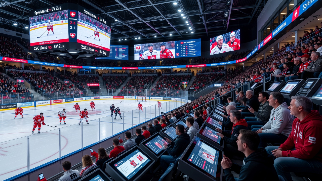 Spectators interacting with augmented reality features on screens during a Swiss ice hockey match