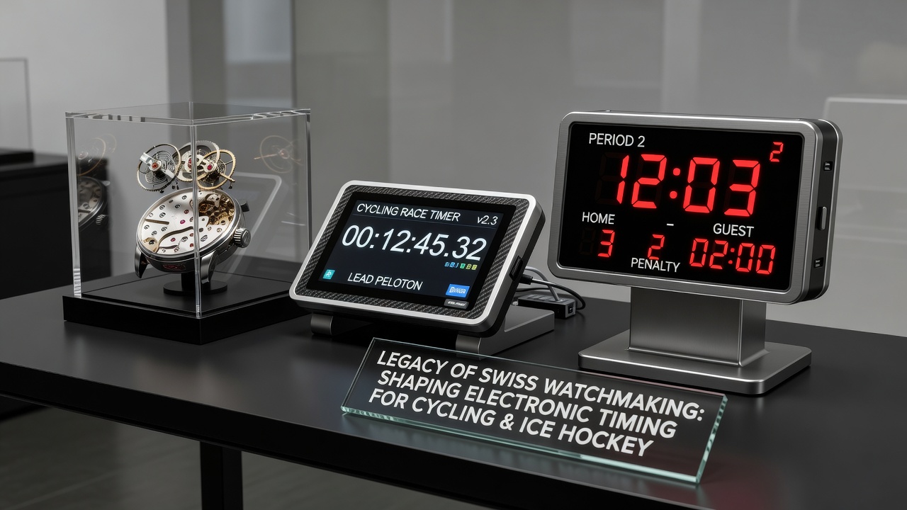 Historical Swiss watchmaking tools displayed alongside early sports timing devices used in European cycling events