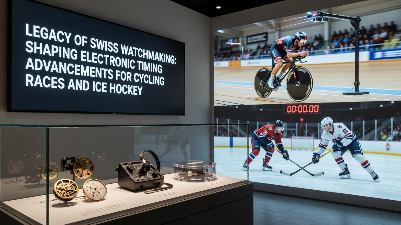 Electronic timing sensors installed along a professional cycling route with ice hockey arena scoreboard visible in background