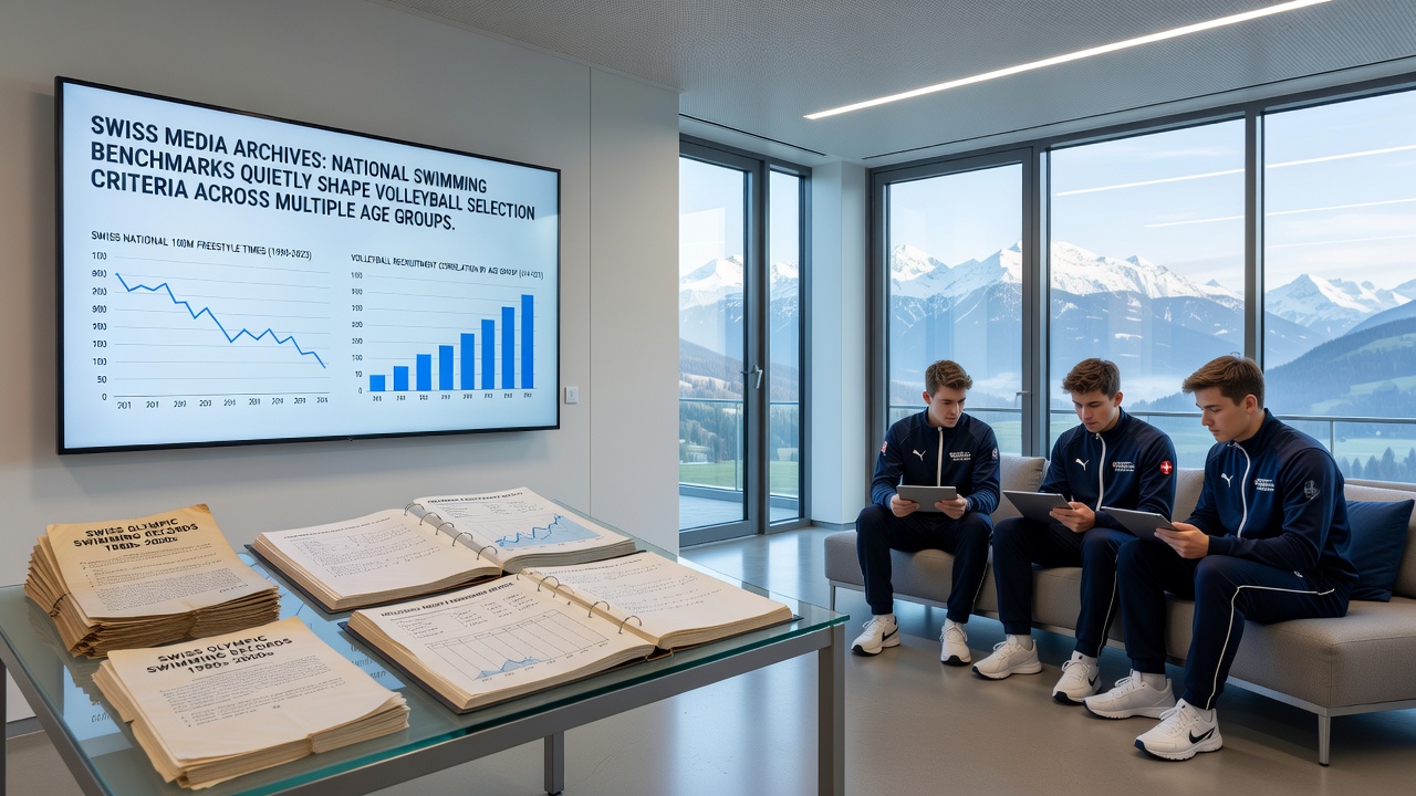Archival documents from Swiss sports media highlighting swimming and volleyball performance data