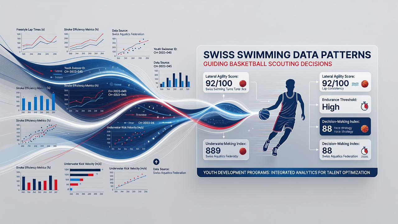 Swiss youth athletes analyzing swimming performance data alongside basketball training metrics in a development academy setting