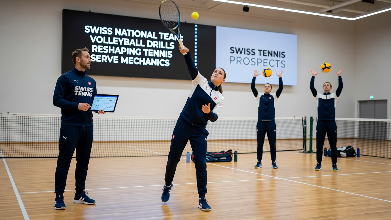 Swiss national team prospects practicing volleyball-inspired serve drills on a tennis court