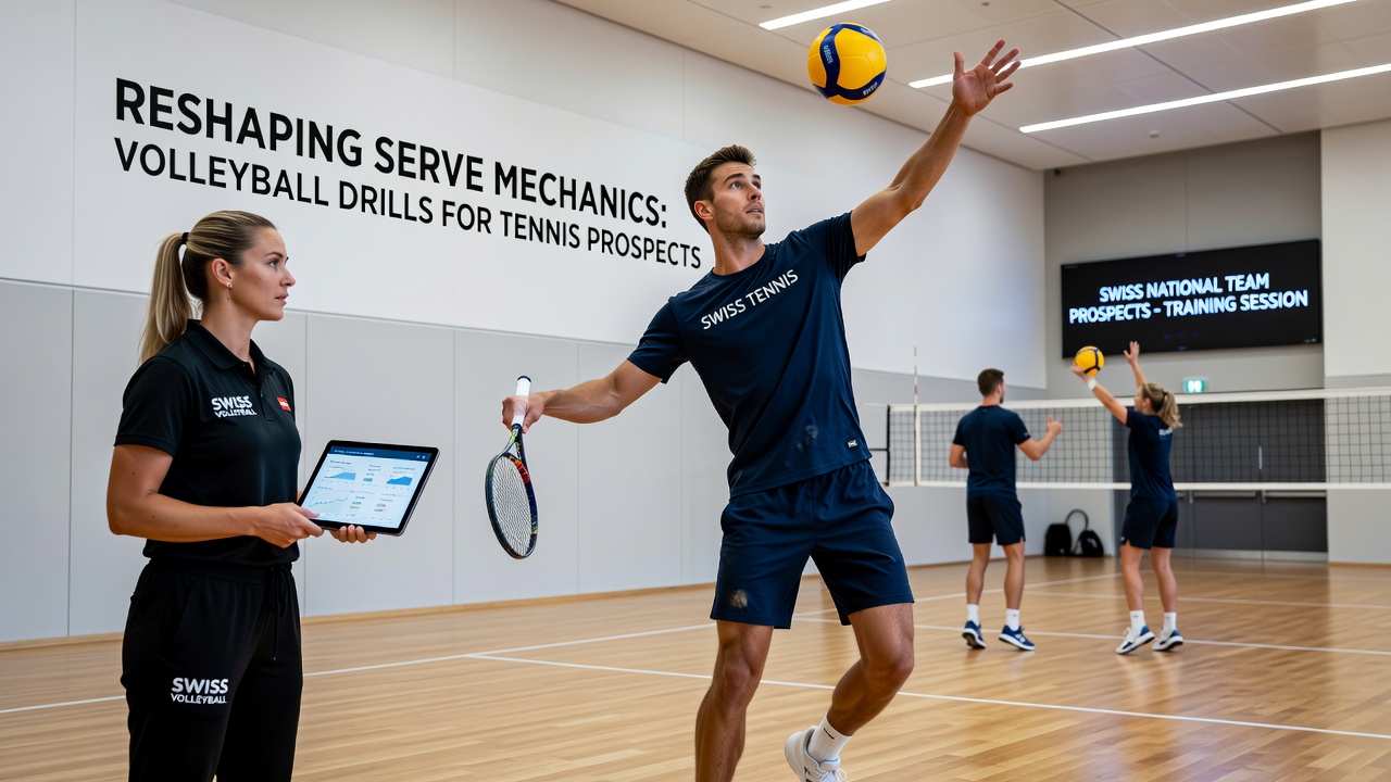 Tennis players executing volleyball jump serve variations during a joint training session