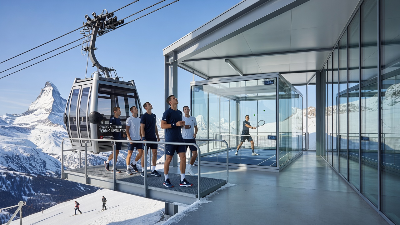 Tennis players conducting drills at alpine cable car station