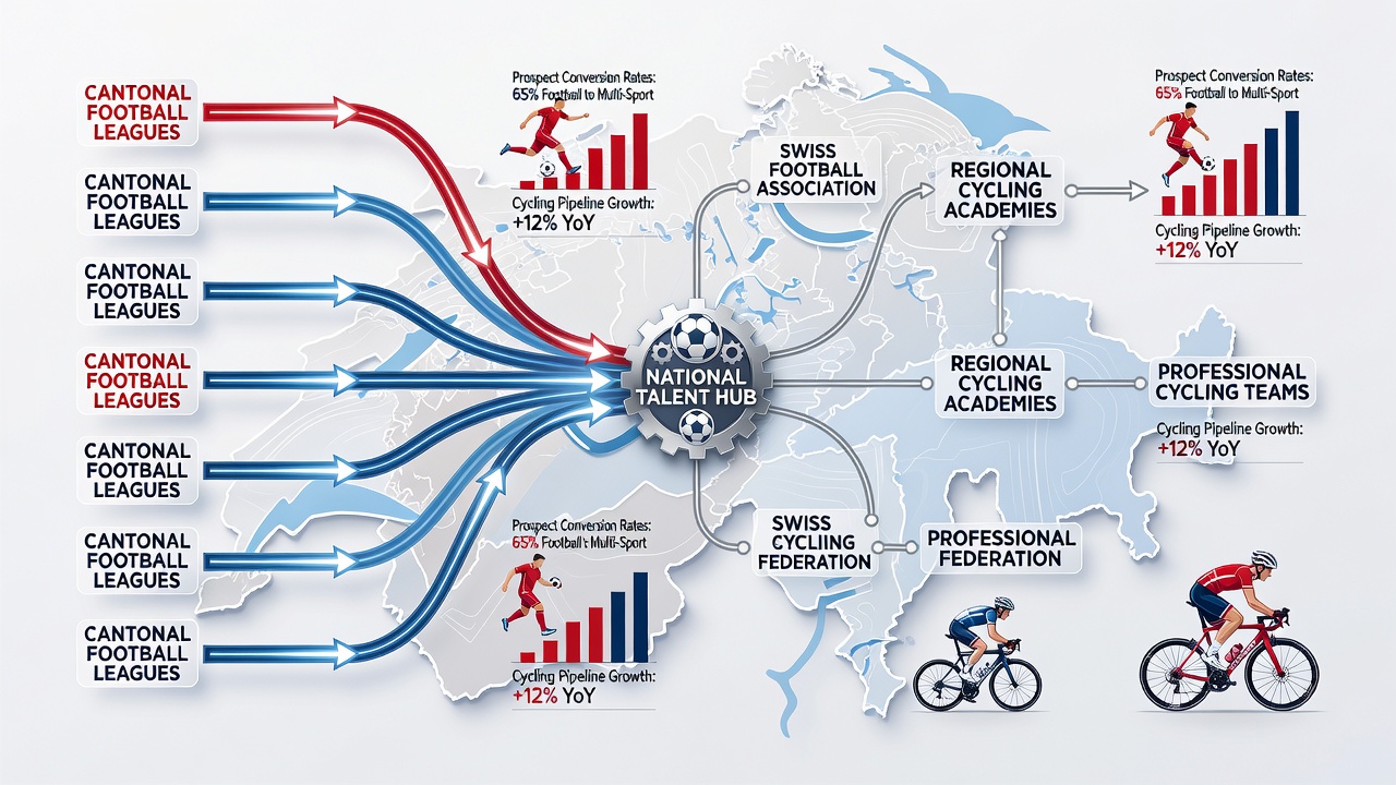 Youth athletes moving between Swiss football pitches, cycling trails, and athletics tracks in cantonal training hubs