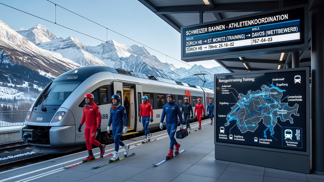 Athletes transferring between regional and intercity services at a Swiss rail hub during coordinated training travel
