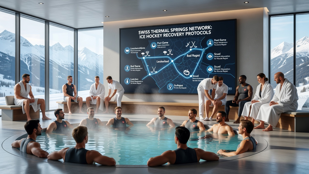 Ice hockey players participating in guided hydrotherapy sessions at a Swiss thermal spring complex