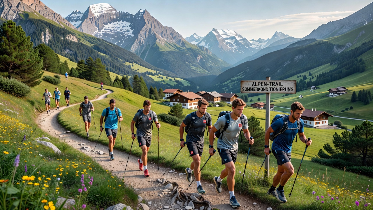 Ice hockey players hiking along a Swiss valley trail during summer conditioning